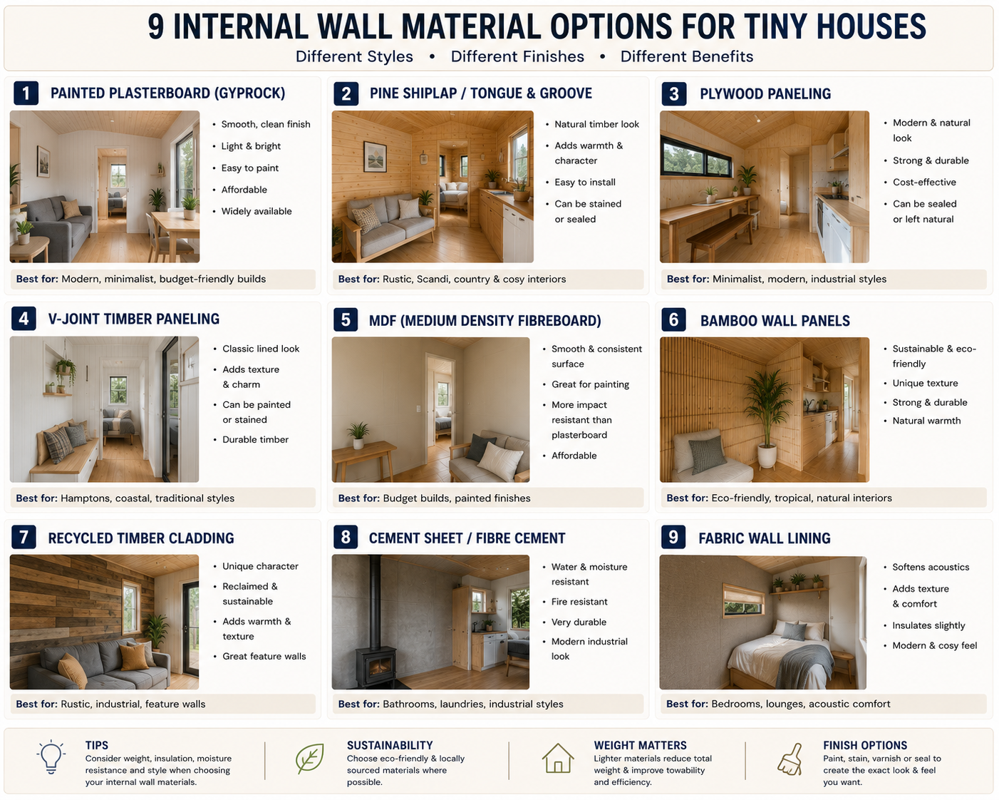 Tiny house internal wall material ideas